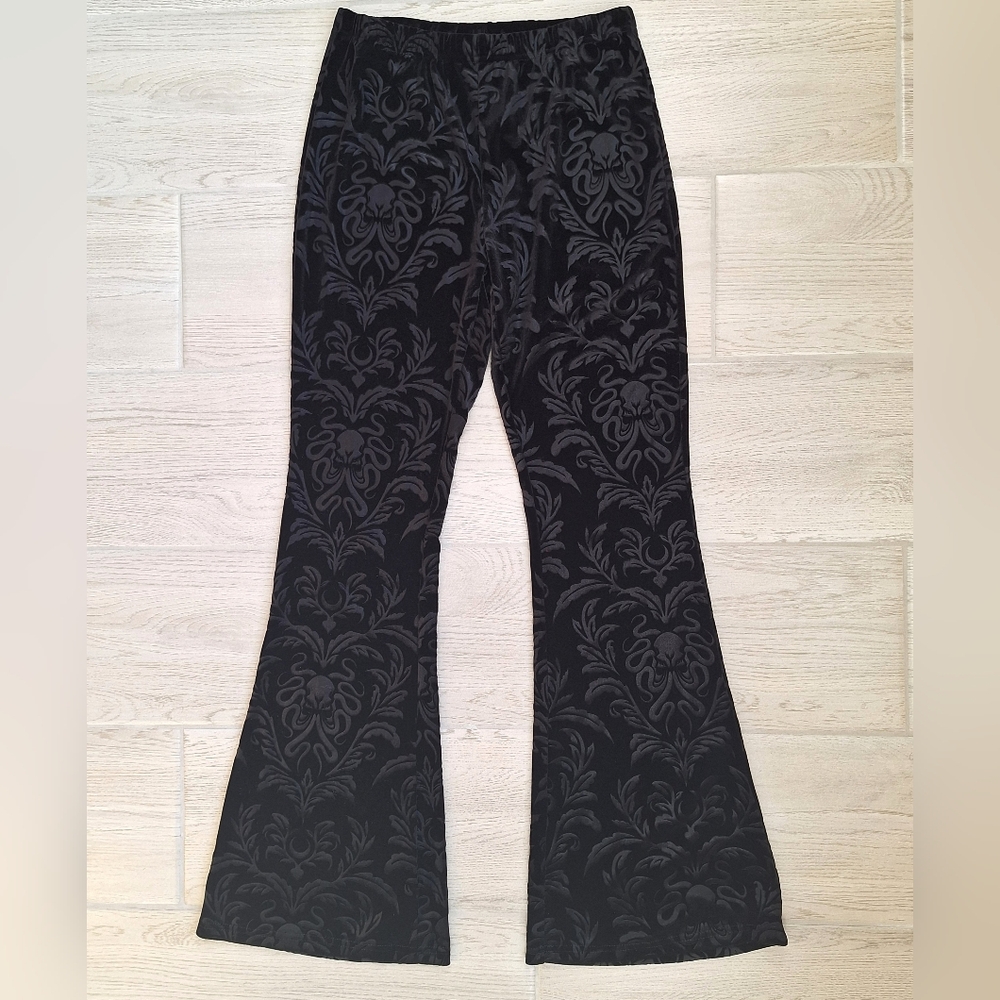 Women's Gothic Embossed Flare Pant Black Velvet Elastic Waist Bell Bottoms Large